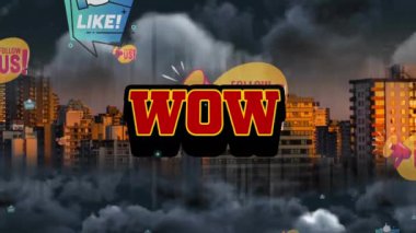 Şehrin üzerindeki metin ve dijital simgelerin animasyonu. Video oyunu, eğlence ve dijital arayüz kavramı dijital olarak oluşturuldu.