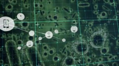 Şebeke ağı üzerinden dijital simge ağı ile yeşil zemin üzerinde çoklu covid-19 hücreleri karşı karşıya. Coronavirus covid-19 salgın konsepti