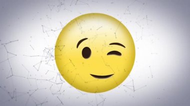 Beyaz arka planda göz kırpan yüz emojisi üzerinden bağlantı ağının dijital animasyonu. ifade ve iletişim kavramı