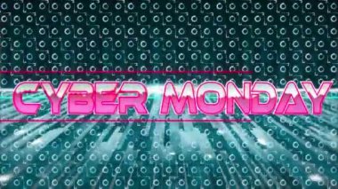 Animation of cyber monday text in pink metallic letters over pattern and neon lines. sales and online shopping concept digitally generated video.