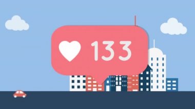 Yüksek binalara çarpan araçların üzerinde konuşma baloncukları üzerinde rakamlar olan kalp ikonu. Sosyal medya ağı ve teknoloji kavramı