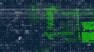 Mavi arkaplanda ikili kodlama üzerine veri işleme dijital animasyonu. Bilgisayar arayüzü ve siber güvenlik teknolojisi kavramı