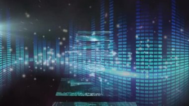 Animation of data processing on cascading interface screens over glowing blue squares.