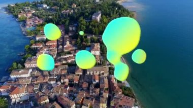 Şehir manzarasının havadan görüntüsüne karşı, gradyan soyut şeklin dijital bileşimi ve fotokopi alanı. seyahat ve tatil kavramı