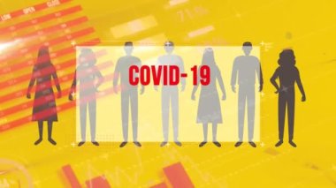 Animation of covid 19 infection text over people with falling sick icons. global covid 19 pandemic concept digitally generated video.