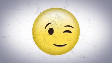 Animation of connection networks moving over happy emoji, on white background. global social media and communication concept digitally generated video.