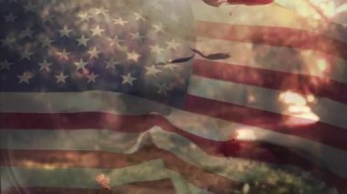 Amerikan bayrağı ve yapraklarının düşüşünün animasyonu. Vatanseverlik, kutlama, Amerikan geleneği ve doğanın dijital video konsepti.