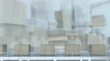 İstatistiksel veri, depoya karşı taşıyıcı banttaki çoklu dağıtım kutuları üzerinde işlem yapıyor. lojistik ve ulaşım sektörü kavramı