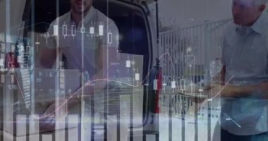 Teslimatçı ve minibüsle ilgili istatistik ve finansal veri işleme animasyonları. küresel gönderim, dağıtım, iş, veri işleme ve teknoloji konsepti dijital olarak oluşturulmuş video.