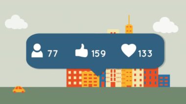 Yüksek binalara karşı yoldaki araçlara karşı artan sayıdaki sosyal medya simgeleri. Sosyal medya ağı ve teknoloji kavramı