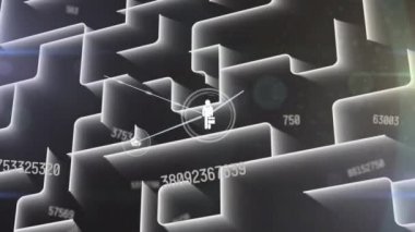 Sayılar ve labirent üzerindeki simgelerle bağlantı ağının animasyonu. küresel bilim, veri işleme ve teknoloji konsepti dijital olarak oluşturulmuş video.