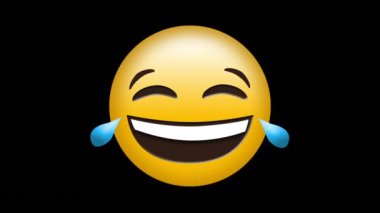 Digital animation of red particles flying over laughing face emoji against black background. expression and communication concept