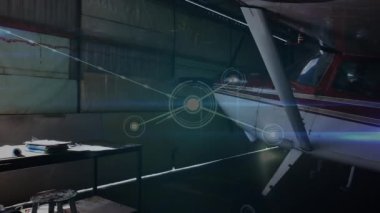 Hangardaki uçak üzerinden yapılan dünya bağlantı ağının animasyonu. küresel seyahat ve bağlantılar konsepti dijital olarak oluşturulmuş video.