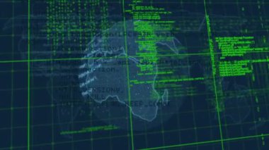 Mavi zemin üzerinde dönen küreye karşı veri işleme sisteminin dijital animasyonu. küresel ağ ve bilgisayar arayüzü teknolojisi kavramı