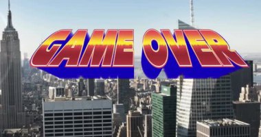 Şehir manzarası üzerinden oyun animasyonu. Video oyunu, eğlence ve dijital arayüz kavramı dijital olarak oluşturuldu.