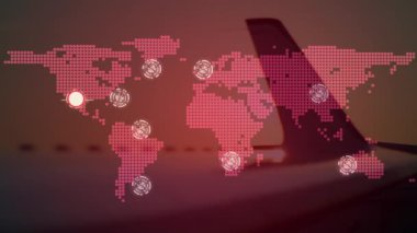 Dünya haritası ve uçak üzerindeki bağlantı ağının animasyonu. küresel iş, seyahat ve bağlantılar dijital olarak oluşturulmuş video.