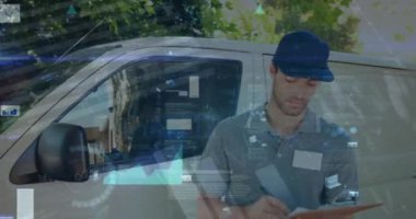 Teslimatçı ve minibüsle ilgili istatistik ve finansal veri işleme animasyonları. küresel gönderim, dağıtım, iş, veri işleme ve teknoloji konsepti dijital olarak oluşturulmuş video.