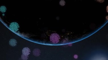 Çoklu çoklu covid-19 hücreleri yüzüyor ve dönen küre üzerinde mavi arkaplan üzerinde ışık noktası var. Coronavirus covid-19 salgın konsepti