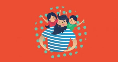 Kırmızı arka planda kucaklaşan mutlu aile animasyonu. Mutlu aile, sevgi ve destek konsepti dijital olarak oluşturulmuş video.