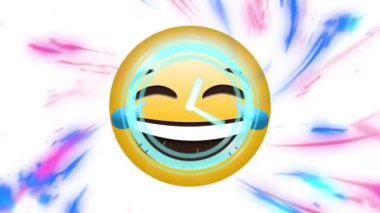 Beyaz arkaplandaki dijital dalgalara karşı gülen surat emojisi üzerinde neon dijital saat tik tak ediyor. ifade ve iletişim kavramı