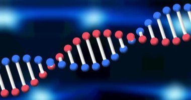 Siyah zemin üzerinde mavi ışık lekeleri üzerinde dönen DNA yapısının dijital animasyonu. tıbbi araştırma ve bilim teknolojisi kavramı