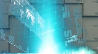 Karton kutuların üzerinde istatistik ve veri işleme animasyonları. küresel gönderim, dağıtım, iş, veri işleme ve teknoloji konsepti dijital olarak oluşturulmuş video.