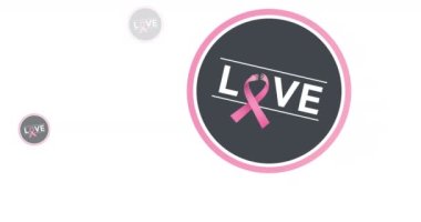 Beyaz arka planda birden fazla pembe kurdele logosu ve aşk metninin canlandırması. Göğüs kanseri pozitif farkındalık kampanyası konsepti dijital olarak üretildi.