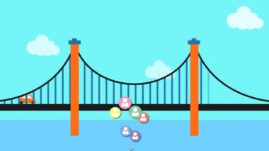 Köprüden geçen trafik yüzünden yükselen renkli insan simgelerinin canlandırması. küresel iletişim, sosyal ağ ve dijital arayüz kavramı dijital olarak oluşturulmuş video.