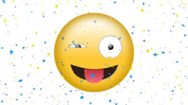 Düşen konfeti üzerine mutlu emoji ikonu animasyonu. küresel sosyal medya ve iletişim konsepti dijital olarak oluşturulmuş video.