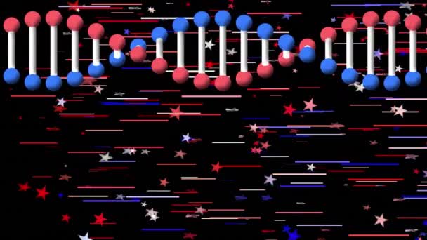 Анимация Вращающейся Цепочки Днк Над Падающими Красными Белыми Синими Звёздами — стоковое видео