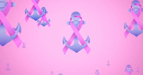 Animation Multiple Pink Ribbon Anchor Logo Flying Pink Background Breast — Stock Video