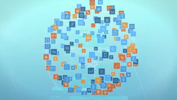 Globus Ikon Cyfrowych Obracających Się Wielu Ekranach Przetwarzaniem Danych Niebieskim — Wideo stockowe