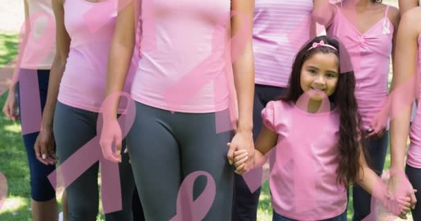 Animazione Più Logo Del Nastro Rosa Diversi Gruppi Donne Sorridenti — Video Stock