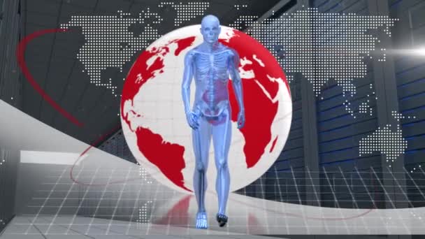 Human Model Walking Spinning Globe World Map Computer Server Room — Stock Video