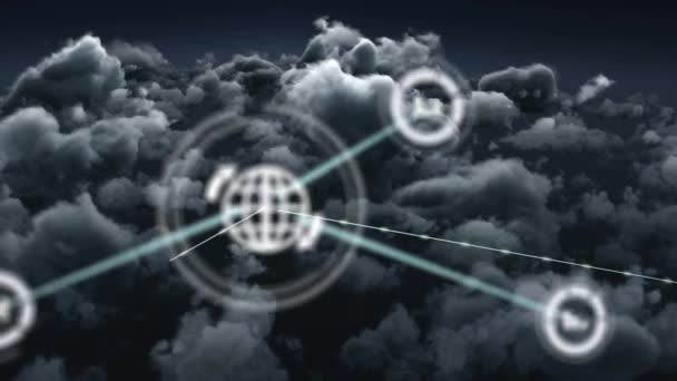 Animation Von Netzwerken Von Verbindungen Über Wolken Und Himmel Globale — Stockvideo