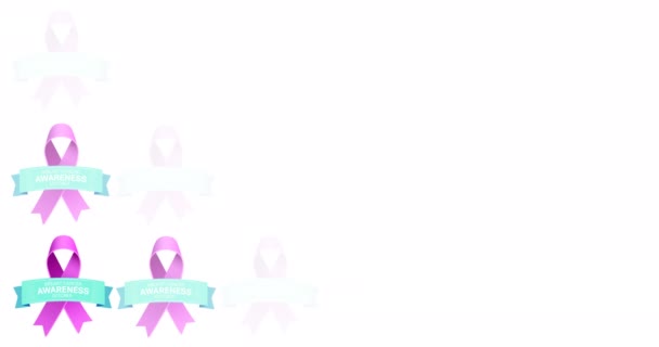 Animace Více Růžové Stuhy Logo Rakoviny Prsu Text Objeví Bílém — Stock video
