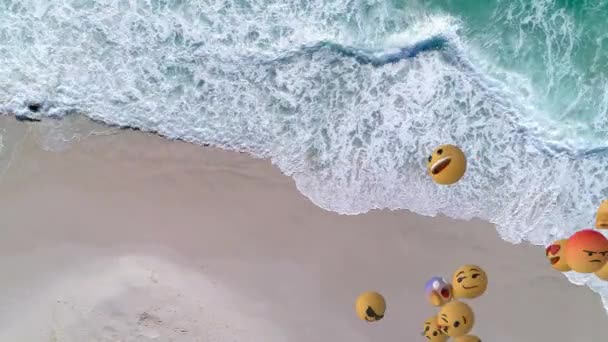 Cyfrowa Kompozycja Wielu Emotów Unoszących Się Tle Widoku Powietrza Plażę — Wideo stockowe