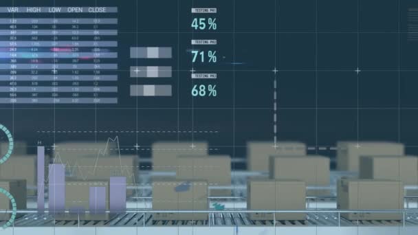 Animace Zpracování Finančních Údajů Přes Lepenkové Krabice Pásových Dopravnících Globální — Stock video