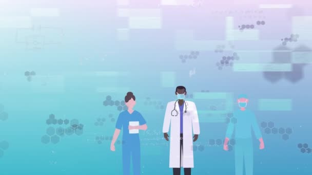 Animacja Ruchomych Komórek Kostkowych Nad Personelem Medycznym Globalna Koncepcja Pandemii — Wideo stockowe