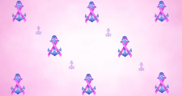 ピンクの背景に輝く複数のピンクリボンアンカーロゴと乳がんテキストのアニメーション 乳がん認知キャンペーンのコンセプトデジタル生成ビデオ — ストック動画