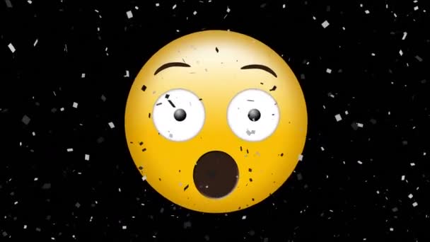 Digital Animation Confetti Falling Surprised Face Emoji Black Background Expression — Stock Video