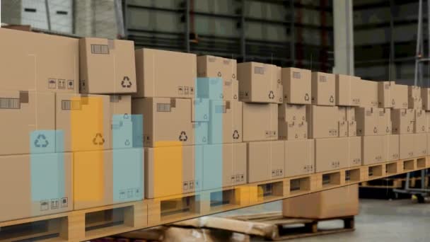 倉庫に対するコンベアベルト上のデリバリーボックス上の統計データ処理 輸送事業のコンセプト — ストック動画