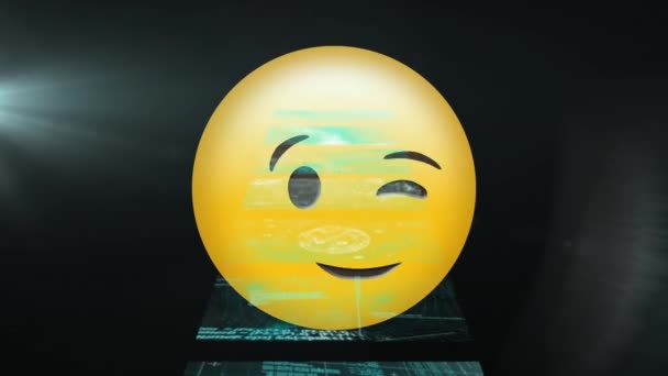 Digital Animation Blinkande Ansikte Emoji Mot Skärmar Med Databehandling Svart — Stockvideo