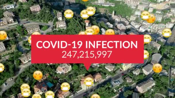 Covid Infektion Text Med Ökande Antal Och Ansikte Emojis Mot — Stockvideo