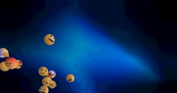 Cyfrowa Animacja Wielu Emotów Unoszących Się Niebieskich Plamkach Światła Czarnym — Wideo stockowe