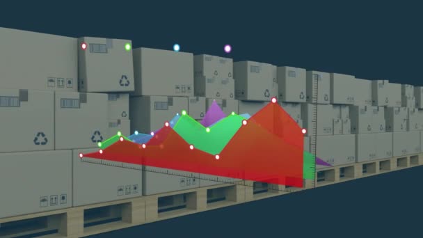 Procesamiento Estadístico Datos Contra Múltiples Cajas Cinta Transportadora Sobre Fondo — Vídeos de Stock