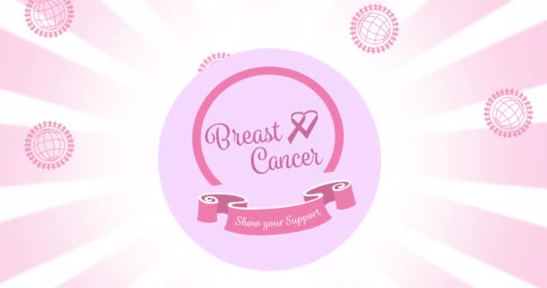 Animation Des Pinkfarbenen Globus Logos Über Brustkrebs Text Auf Weißem — Stockvideo