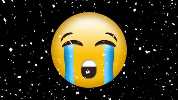 Animação Digital Confetes Caindo Sobre Emoji Rosto Chorando Fundo Preto — Vídeo de Stock
