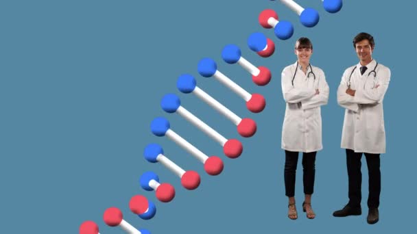 Struktura Dna Obracająca Się Nad Portretem Białej Kobiety Mężczyzny Uśmiechniętych — Wideo stockowe