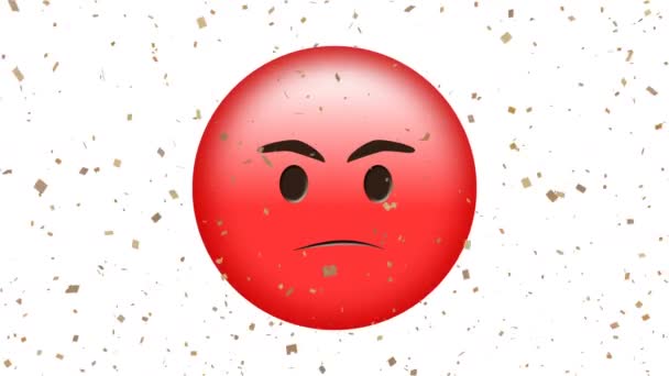 Animación Digital Confeti Dorado Que Cae Sobre Emoji Rojo Cara — Vídeo de stock